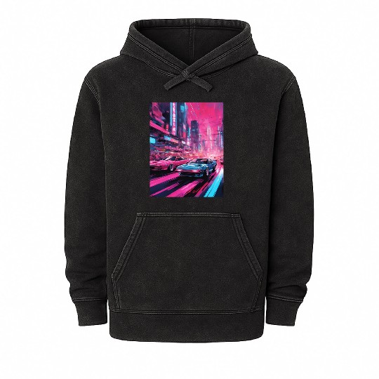 Street racers in downtown Tokyo Vaporwave Mineral Wash Hoodies