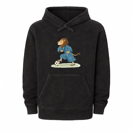 Lion playing soccer in karate kimono Mineral Wash Hoodies