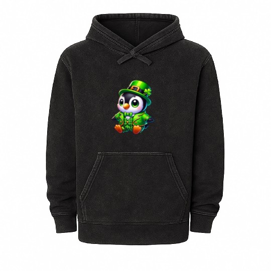 Cute St. Patrick's Day Penguin Cartoon Mineral Wash Hoodies