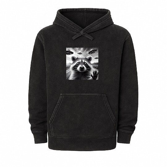 Racoon Funny Graphic Selfie with UFOs Weird Aliens Mineral Wash Hoodies
