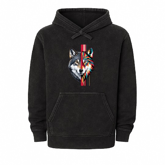 Realistic and Geometric Patterns Wolf Head Mineral Wash Hoodies