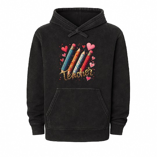 Cute Colorful Pencil Teacher Heart Valentine Mineral Wash Hoodies