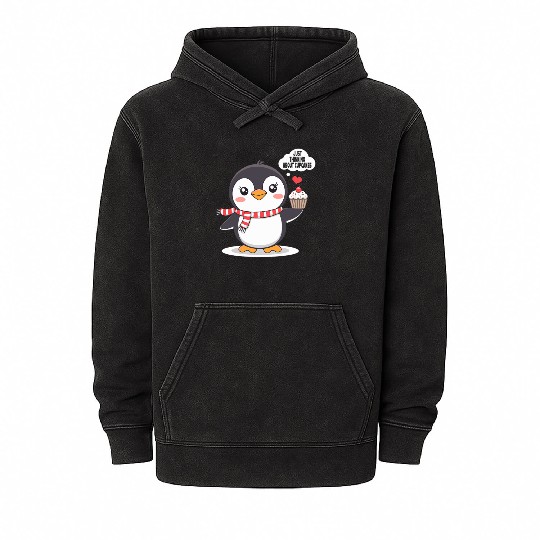 Penguin Thinking About Cupcakes Fun Animal Graphic Mineral Wash Hoodies