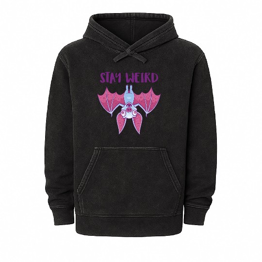 Stay Weird Quirky Albino Vampire Bat Cartoon Mineral Wash Hoodies