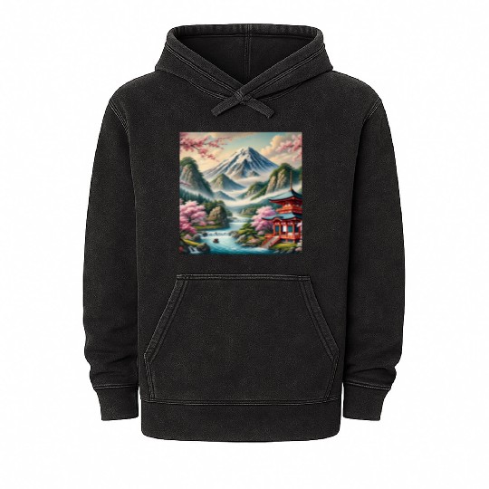 Serene Mount Fuji Landscape Art Print - Japanese C Mineral Wash Hoodies