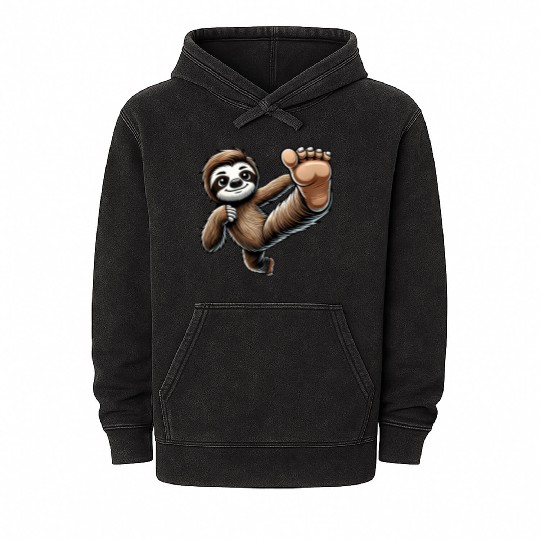 Sloth Karate Master Kick Martial Arts Mineral Wash Hoodies