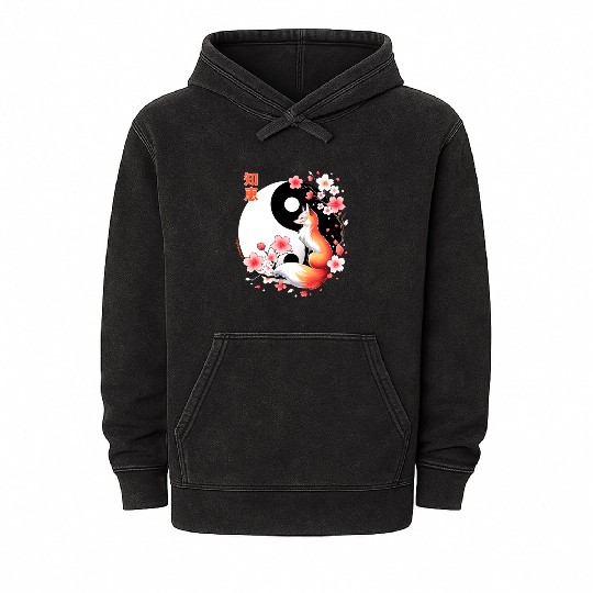 fox kitsune with cherry blossom in retro aesthetic Mineral Wash Hoodies