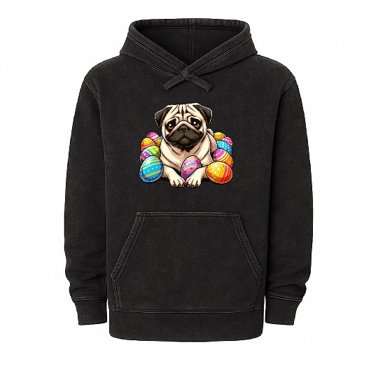Cute Pug Easter Egg Cartoon Relax Chill Mineral Wash Hoodies