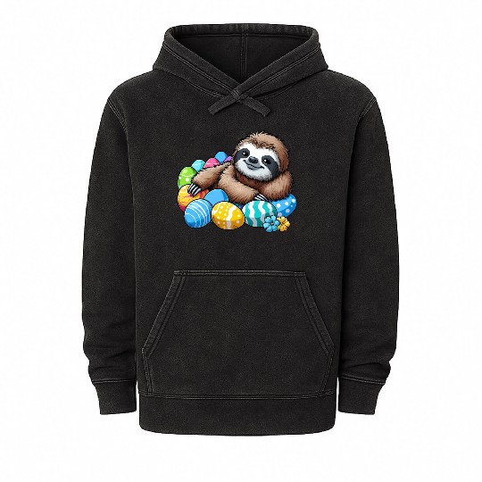 Cute Sloth Easter Egg Cartoon Chilling Mineral Wash Hoodies