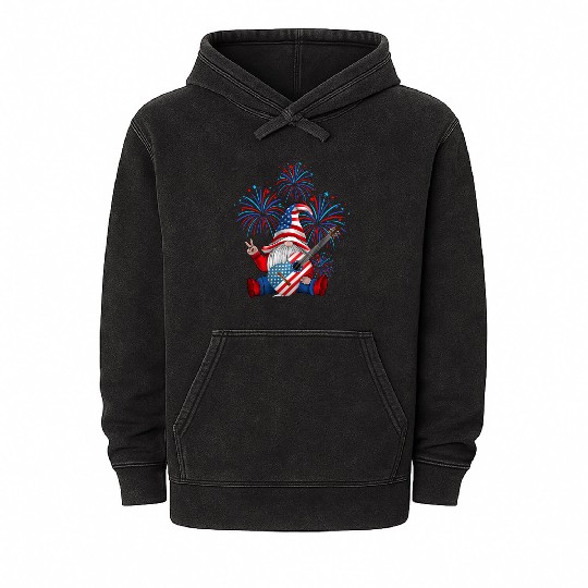 Gnomes Guitar 4th Of July American Flag Patriotic Mineral Wash Hoodies