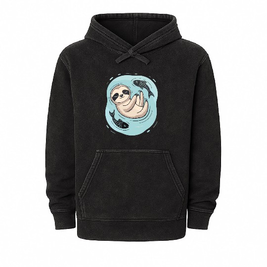 Pisces Zodiac Sloth Relaxing with Fish Dreams Mineral Wash Hoodies