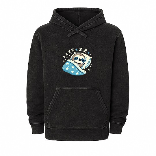 Sloth Sleeping In Bed At Night Time Mineral Wash Hoodies