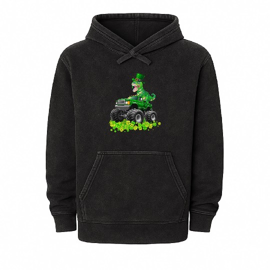 Monster Truck T-rex St Patricks Day Dinosaur Cute Mineral Wash Hoodies