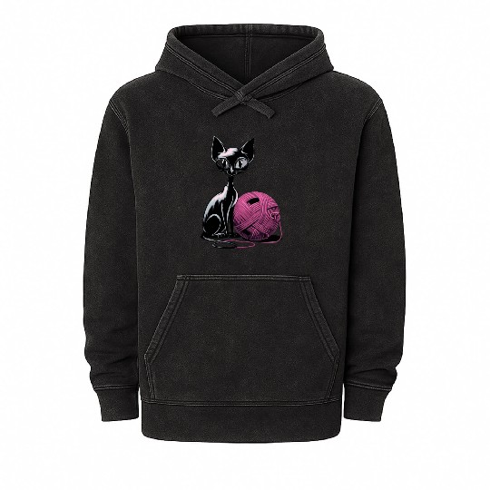 Charming Cat and Wool Ball Art for Cat Lovers Mineral Wash Hoodies