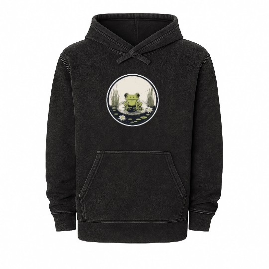 Serene Frog in a Tranquil Pond Mineral Wash Hoodies