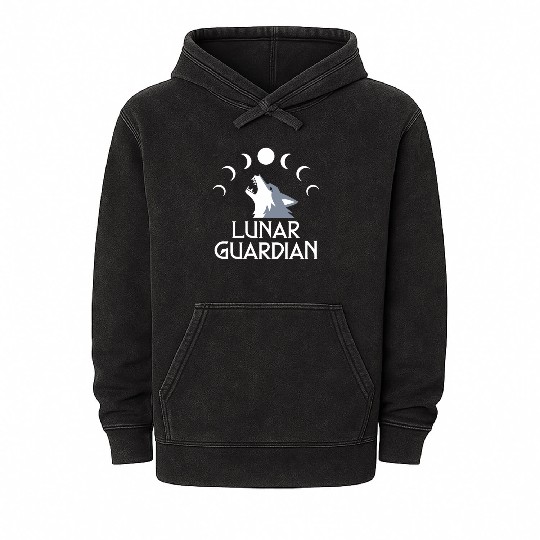 Lunar Guardian Wolf and Moon Phases Mystical Art Mineral Wash Hoodies