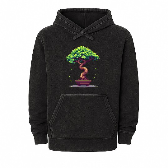 Pixel Bonsai Tree – Retro Nature Serenity Mineral Wash Hoodies