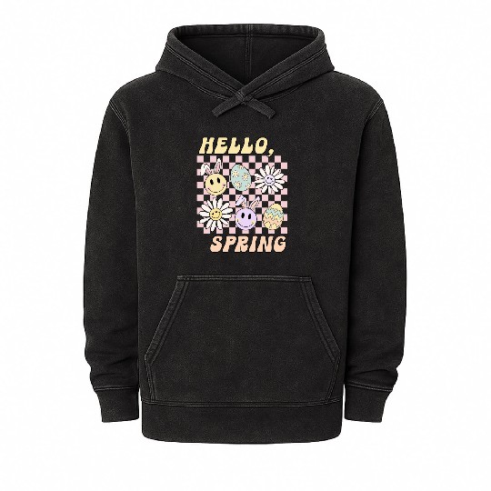 Hello Spring Cute Easter Bunny Design Mineral Wash Hoodies