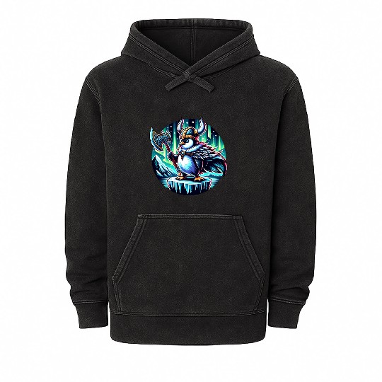 Viking Penguin with Axe Under Northern Lights Mineral Wash Hoodies