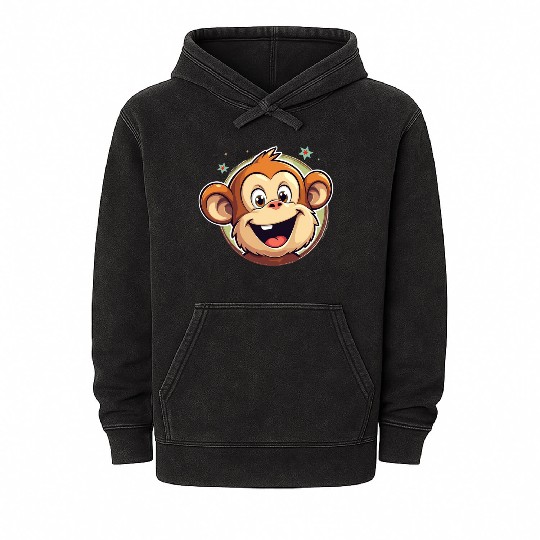 Cute Cartoon Monkey Face Mineral Wash Hoodies
