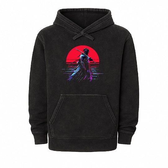 Cyberpunk Samurai Warrior Under Neon Moon Mineral Wash Hoodies