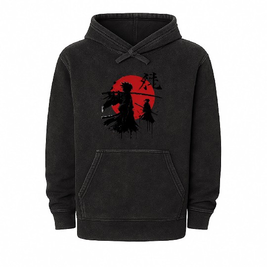 Shadow Samurai Warriors Under Blood Moon Mineral Wash Hoodies