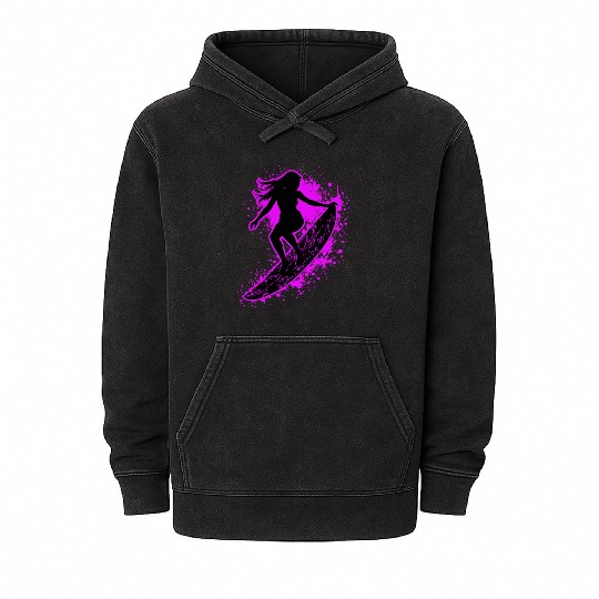 Stylish Female Surfer Surfing Waves Mineral Wash Hoodies