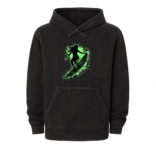 Stylish Female Surfer Surfing Waves Mineral Wash Hoodies