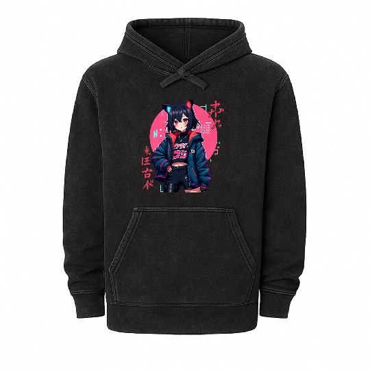 Cyberpunk Anime Girl with Cat Ears Neon Aesthetic Mineral Wash Hoodies