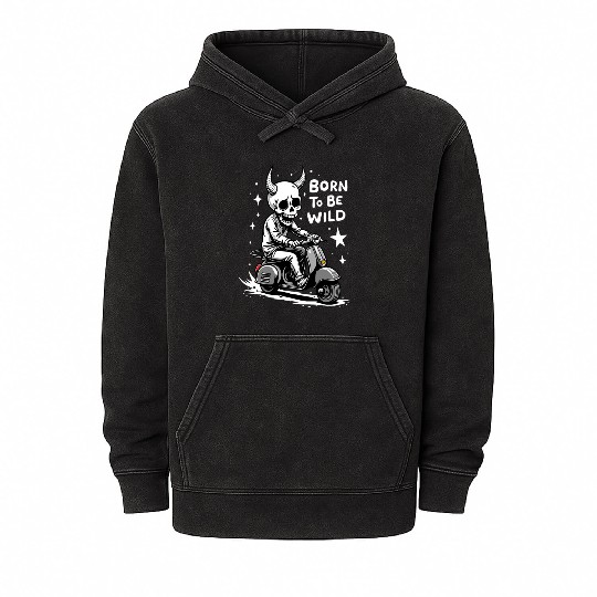 Born to Be Wild - Skull Devil on Scooter Mineral Wash Hoodies
