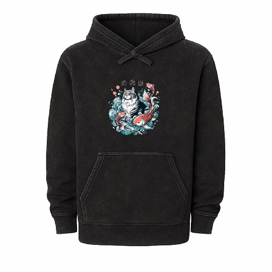 Flow with Grace - Majestic Cat & Koi Fish Mineral Wash Hoodies