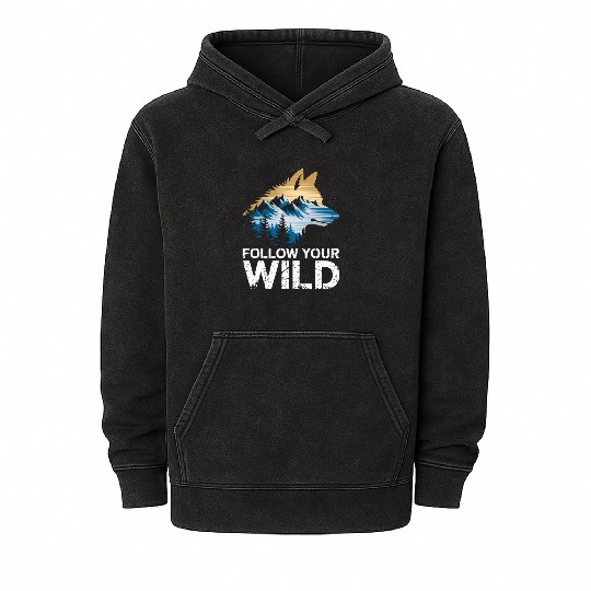 Follow Your Wild Adventure Mountain Wolf Mineral Wash Hoodies