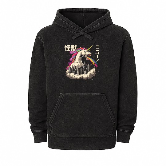 Kaiju Unicorn Japanese Monster Rainbow Mineral Wash Hoodies