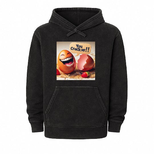 A cracked Easter egg laughing with the caption Mineral Wash Hoodies