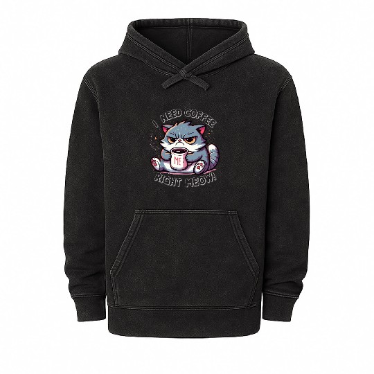 Grumpy Morning Cat - I Need Coffee Right Meow! Mineral Wash Hoodies