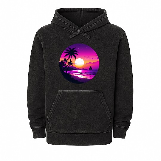 Tropical Retro Sunset Sailing Vacation Mineral Wash Hoodies