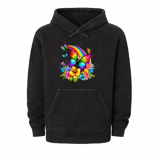 Flower butterfly and rainbow Mineral Wash Hoodies