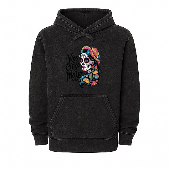 Cinco de Mayo Sugar Skull Girl Sombrero & Flowers Mineral Wash Hoodies