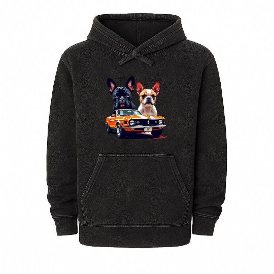 French Bulldogs with Classic Muscle Car – Retro Vi Mineral Wash Hoodies