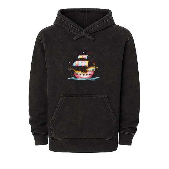 Colorful Pirate Ship Adventure Fantasy Watercolor Mineral Wash Hoodies