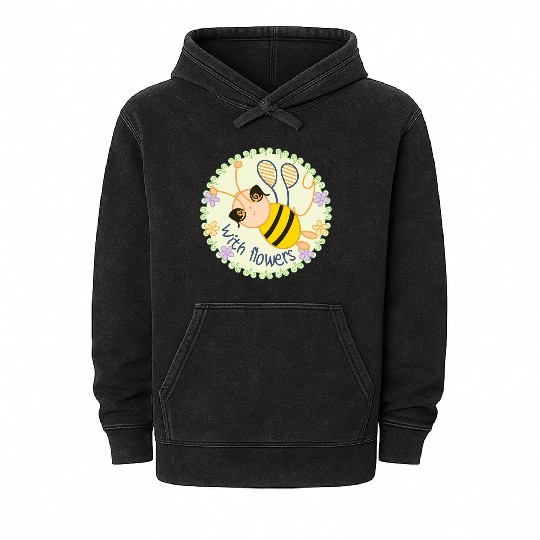 Happy Bee with Flowers - Spring Vibes Mineral Wash Hoodies