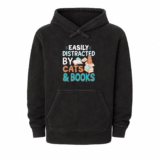 Easily distracted by cat and books lover bookworm Mineral Wash Hoodies