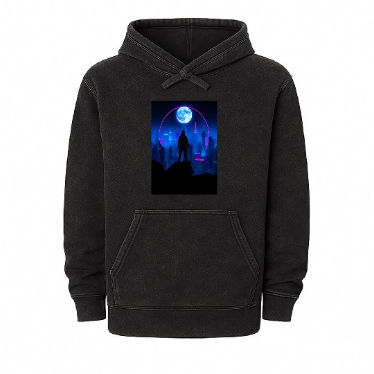 Neon Futuristic Skyline with Glowing Moon Mineral Wash Hoodies