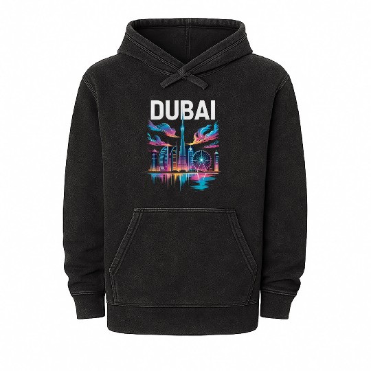 Dubai Skyline Neon Art Mineral Wash Hoodies