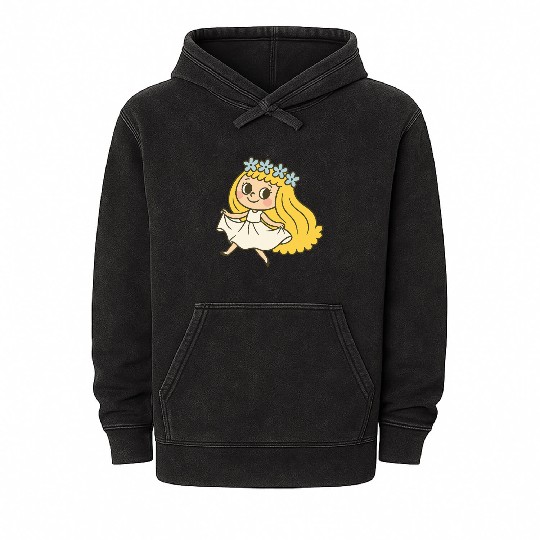 Cute Vintage Cartoon Girl with Flowers – Whimsical Mineral Wash Hoodies