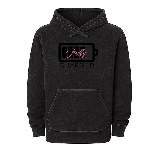 Pink and Grey Fully Charged Battery Print T Shi Mineral Wash Hoodies
