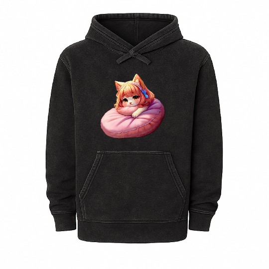 Neko Snoozing Under Sakura Mineral Wash Hoodies
