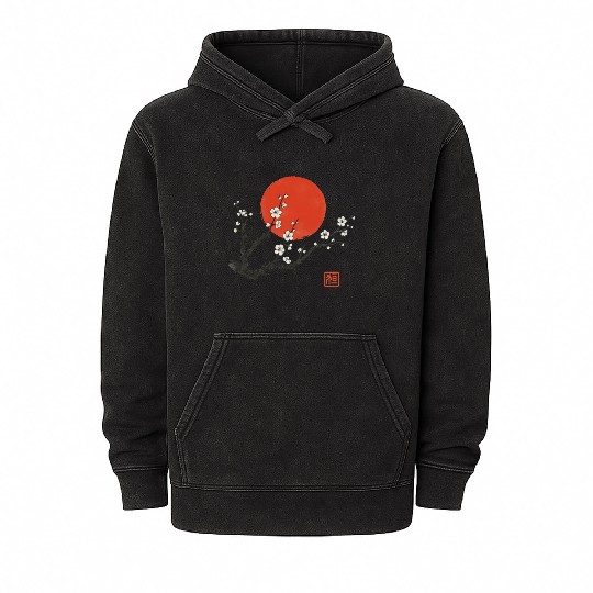 Cherry Blossom and Red Sun – Japanese Sumi-e Ink S Mineral Wash Hoodies