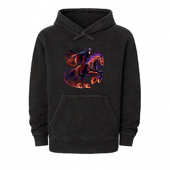 Haunted Pumpkin Rider – Neon Horror Chase Mineral Wash Hoodies