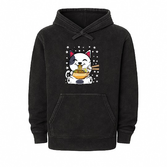 Cat Ramen Japanese Funny Japanese Kawaii Black Cat Mineral Wash Hoodies